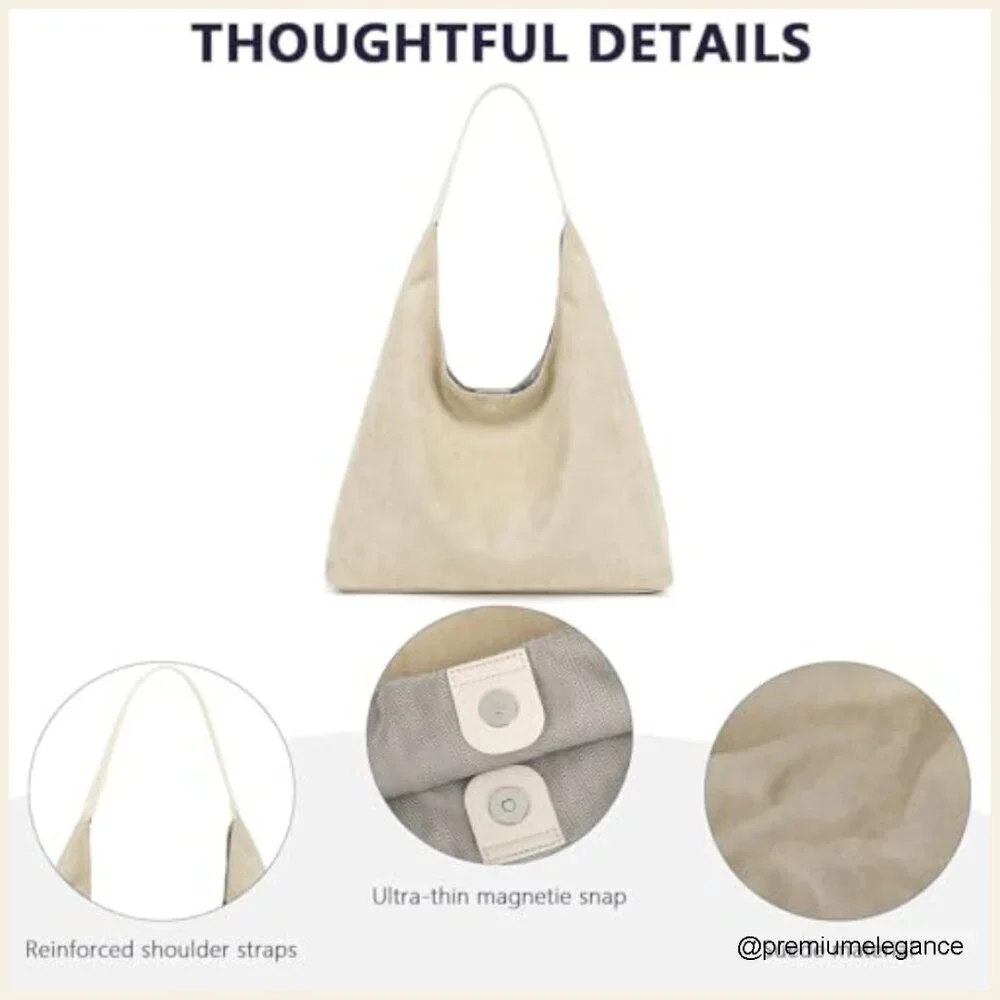 Large Slouchy Hobo Tote Bag, Faux Suede, Magnetic Closure, 14.3x12x5